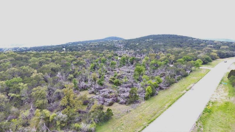 Aerial view of a wooded tract choked with cedar and brush along a county road, with felled trees where clearing has started