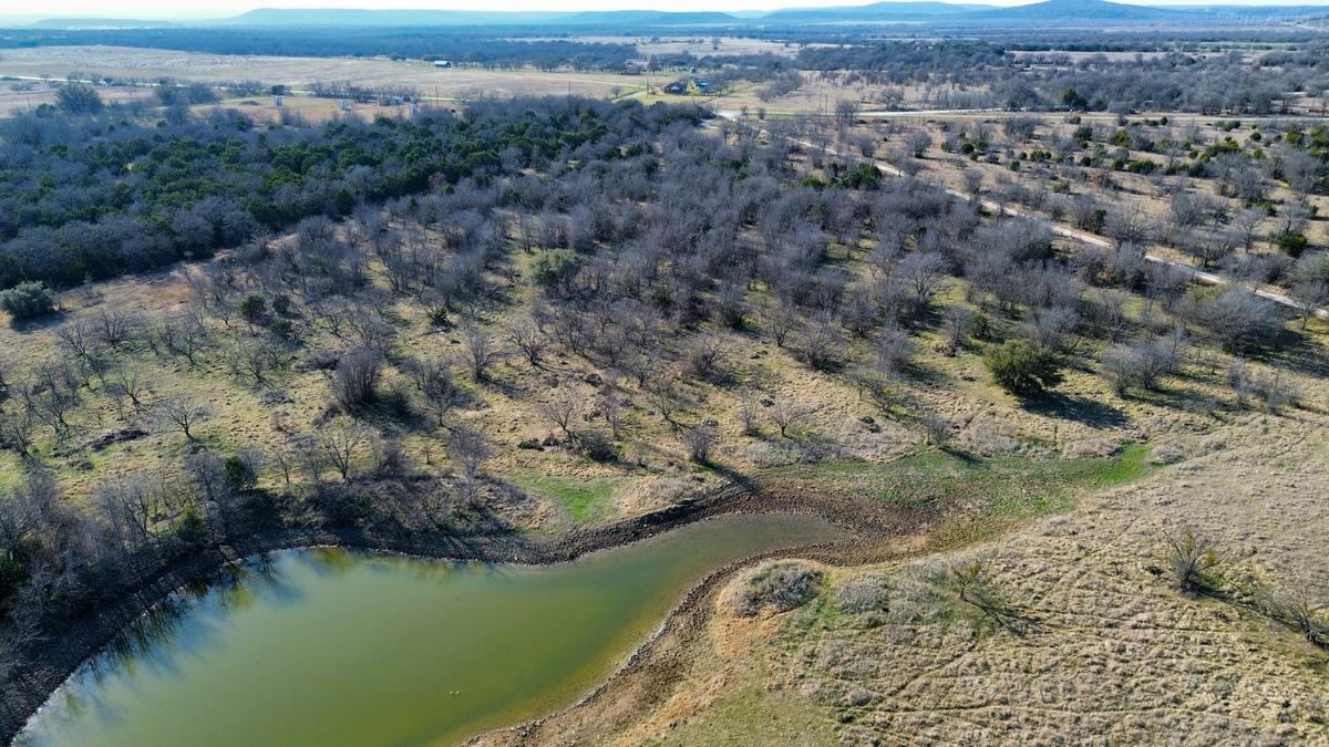 Aerial view in winter of a low, silted stock tank surrounded by dormant brush and scattered bare trees